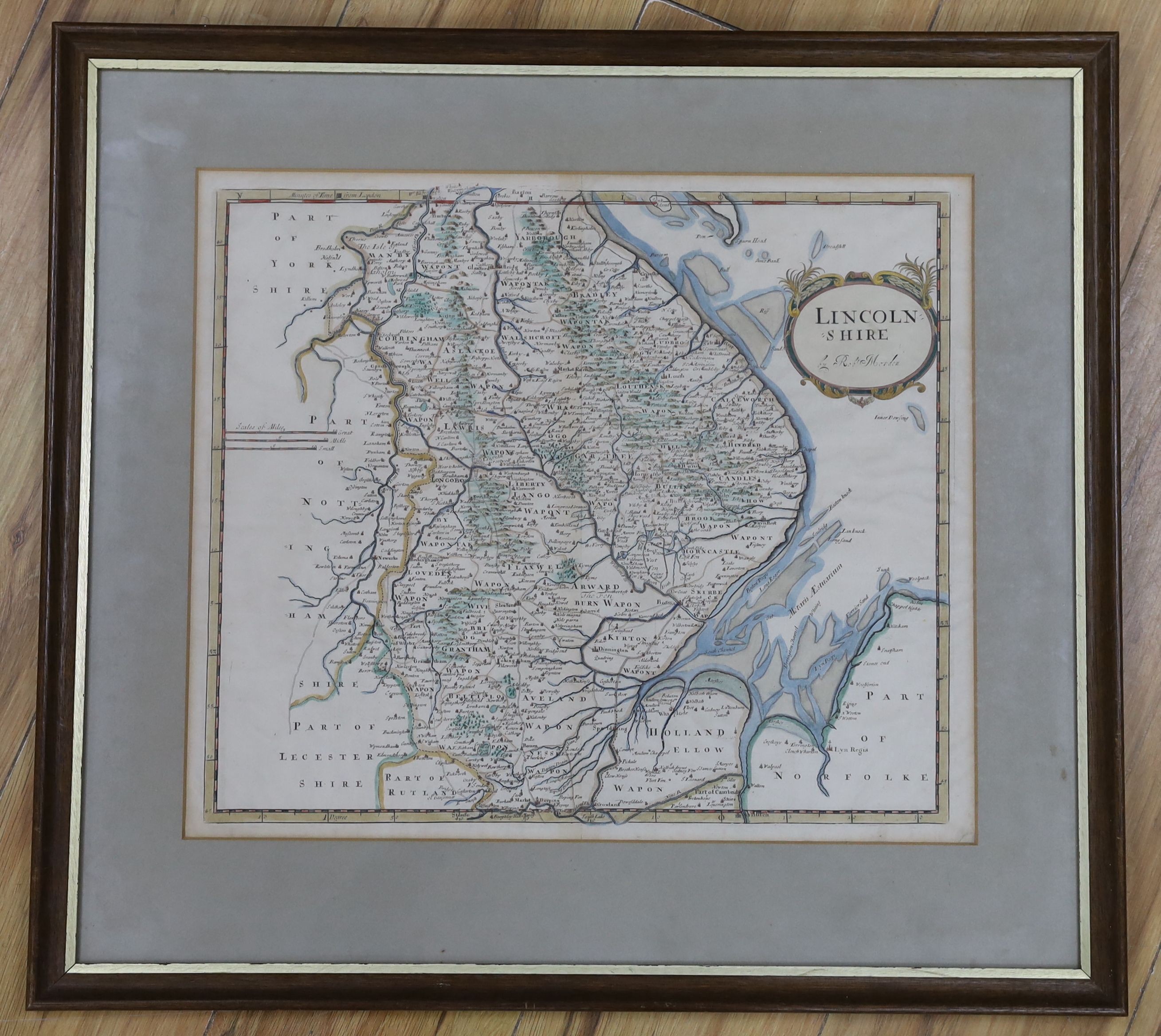 Robert Morden, coloured engraving, Map of Lincolnshire, 38 x 44cm.
